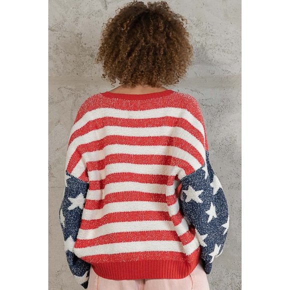 POL Red Blue Soft Stars Stripe Pattern Fleece Relaxed Fit Pullover Sweater - Picture 8 of 9